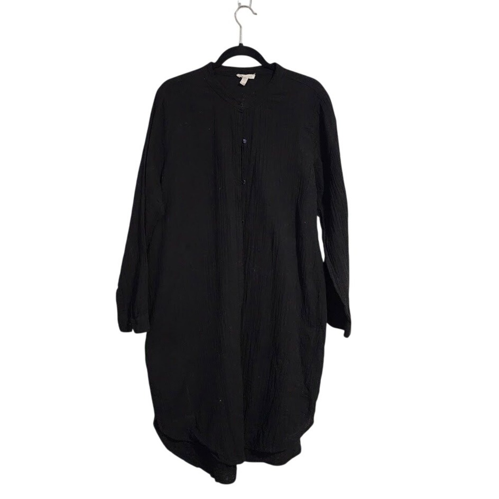 EILEEN FISHER Lofty Black Organic Cotton Gauze Button Front dress Lagenlook XL